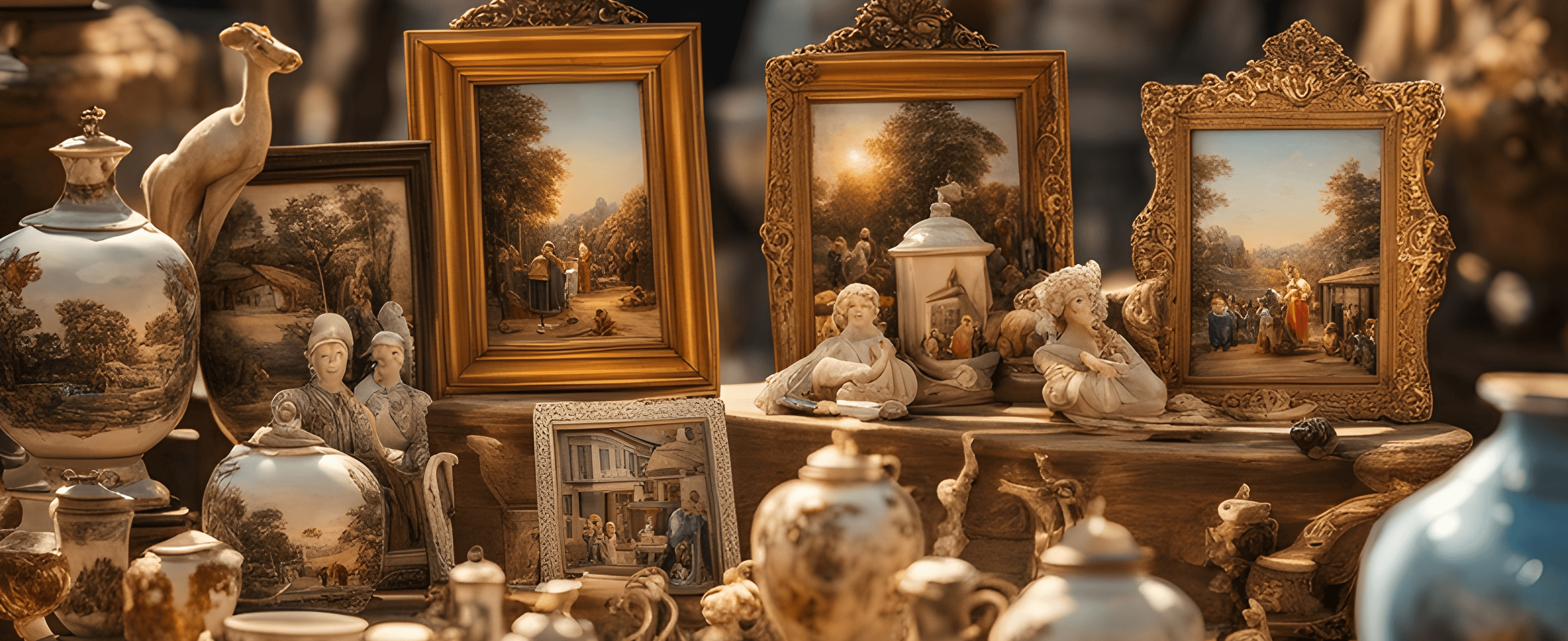 Exquisite Antiquitäten: Antike Vasen, handgemalte Bilder präsentiert in eleganten Sammlerrahmen neben kunstvollen Figuren aus weißem Stein.